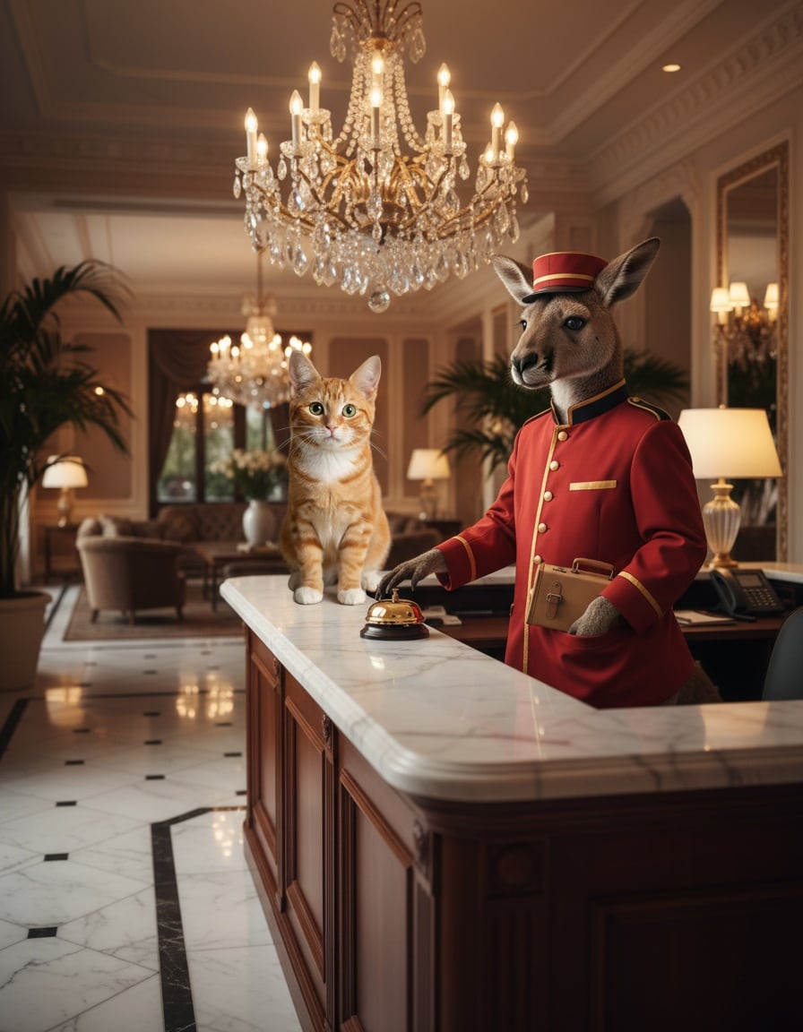 A ginger tabby cat checks into a grand hotel while a kangaroo bellhop carries her suitcase.
