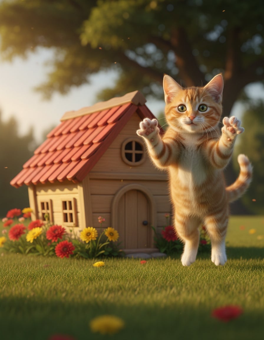 A ginger tabby cat leaps for joy in front of a small cosy house in a sunny garden.