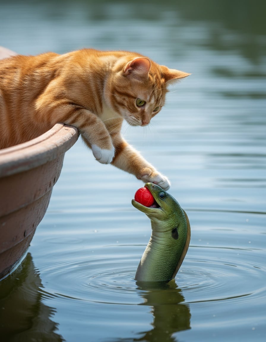 A ginger tabby cat in a rowing boat pats a friendly eel that brought back a red ball.
