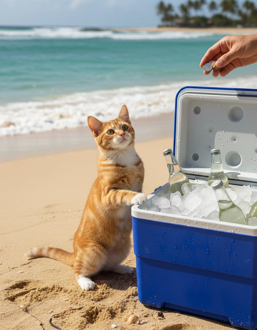 A ginger tabby cat on a beach leans on a big blue cooler of drinks, looking at a hand holding coins.