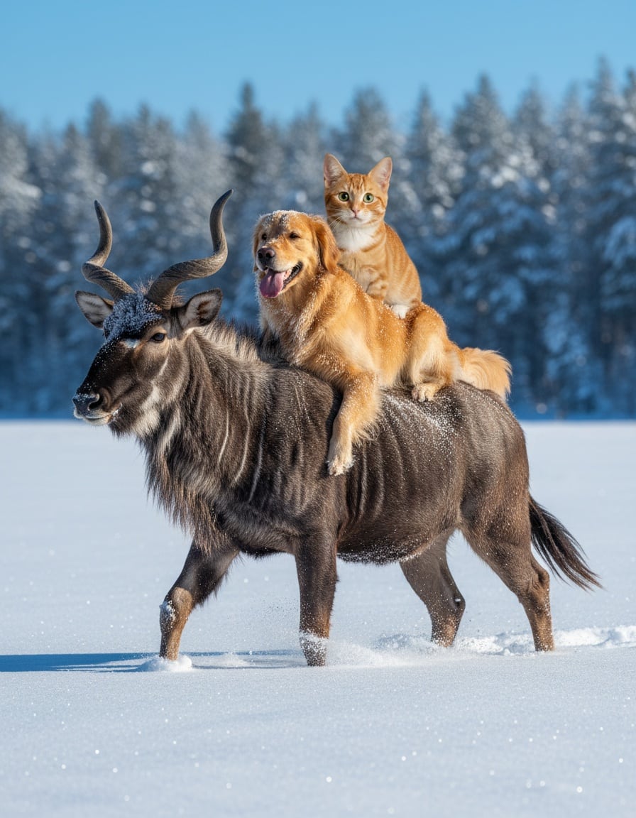 A ginger cat rides on a dog, which rides on a gnu across a snowy field.