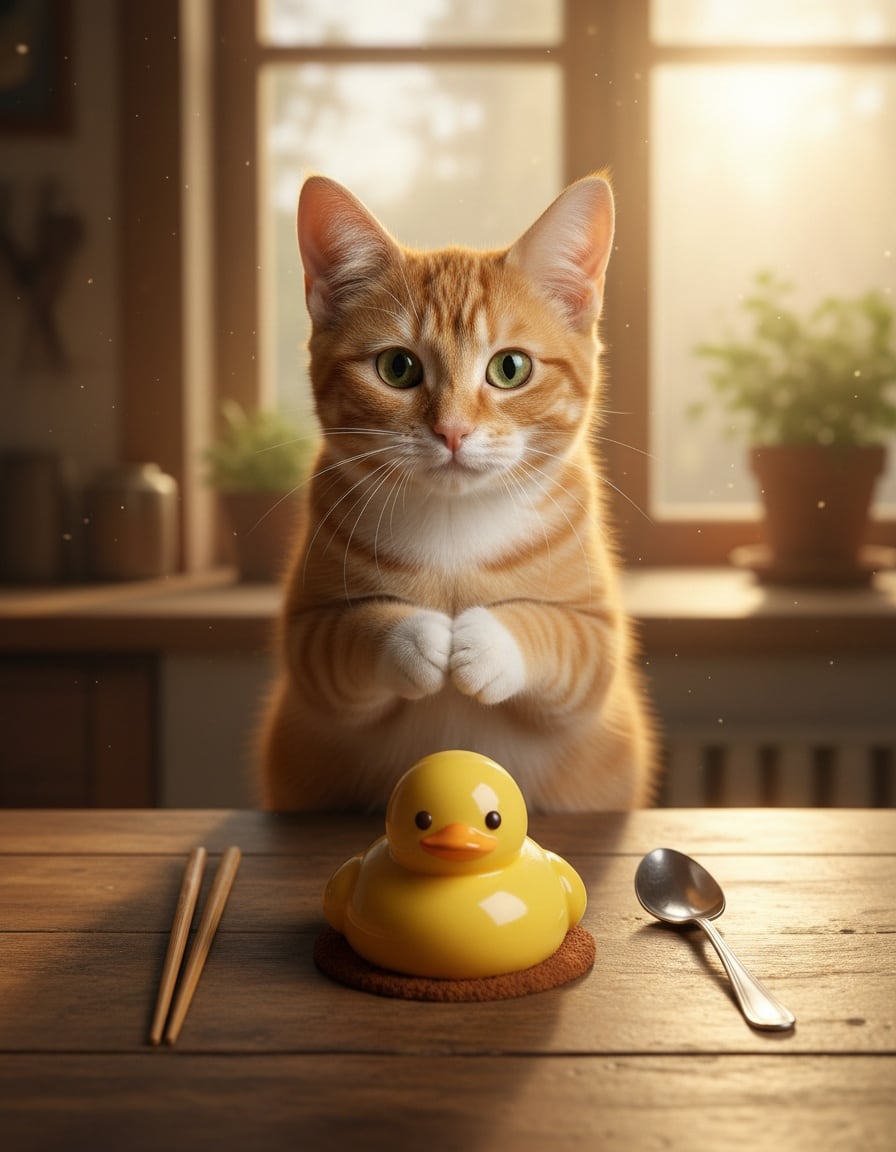 A ginger cat bows politely with paws together before a duck-shaped chocolate mousse on a kitchen table.