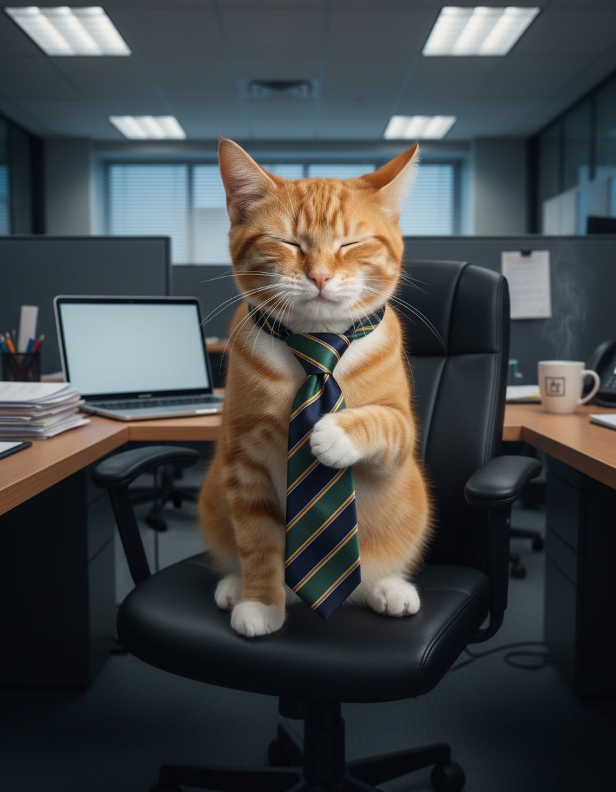 A ginger cat in an office tugs at a tight necktie with a pained face.