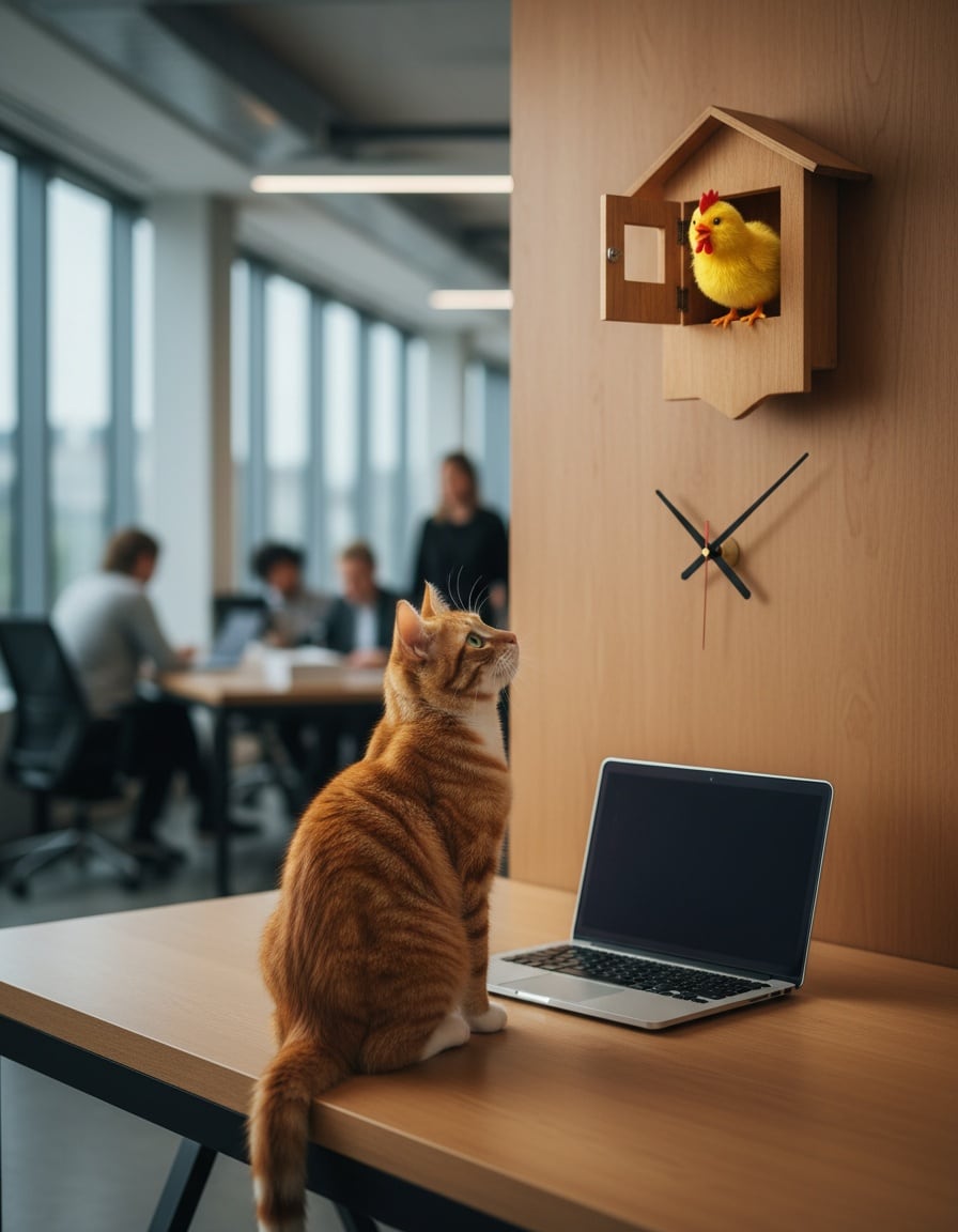 A ginger tabby cat on an office desk looks up at a wall clock where a chicken pops out.