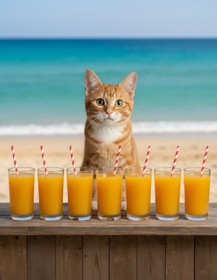 A ginger tabby cat stands behind a beach stand with a row of ten glasses of orange juice.