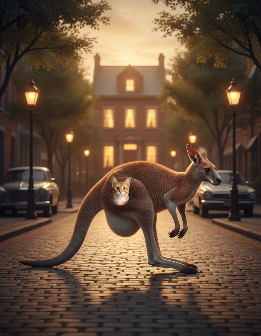 A ginger tabby cat rides in a kangaroo's pouch down a street toward a house at dusk.