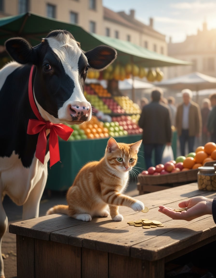 A ginger tabby cat pays coins to buy a black-and-white cow at an outdoor market.