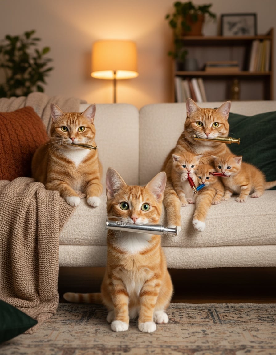 A ginger tabby cat and its cat family sit together on a sofa, all playing kazoos.