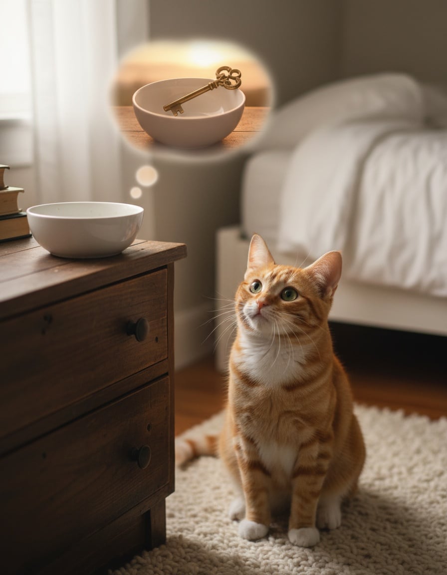 A ginger cat looks into an empty bowl while a dream bubble shows a big key in it the day before.