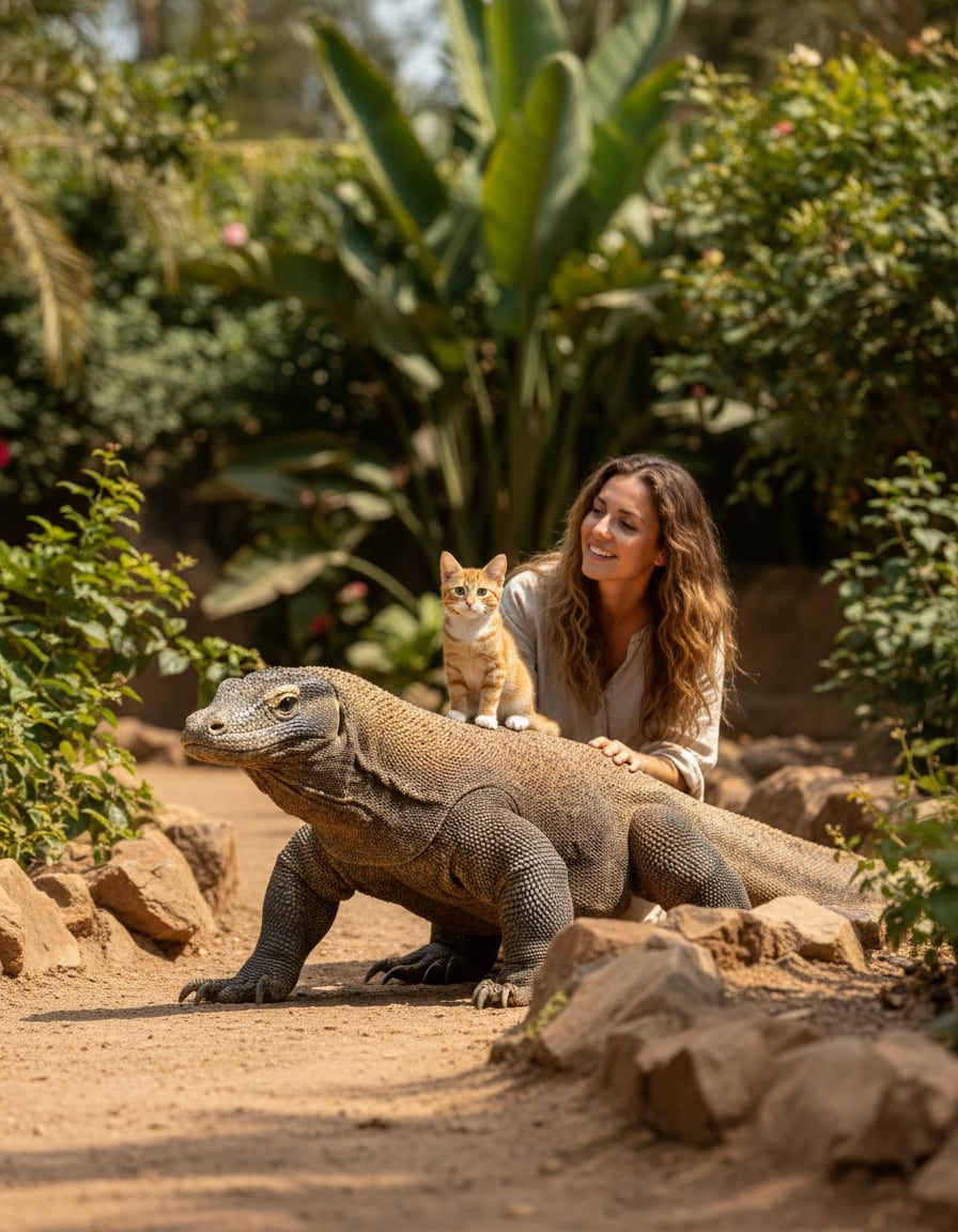 A ginger cat walks beside a Komodo dragon carrying her tiny kitten on its back at a zoo.