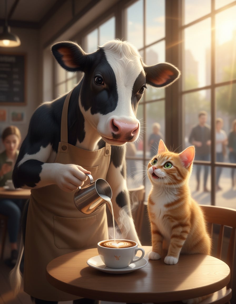 A cow in an apron pours milk into a ginger cat's coffee at a café table.