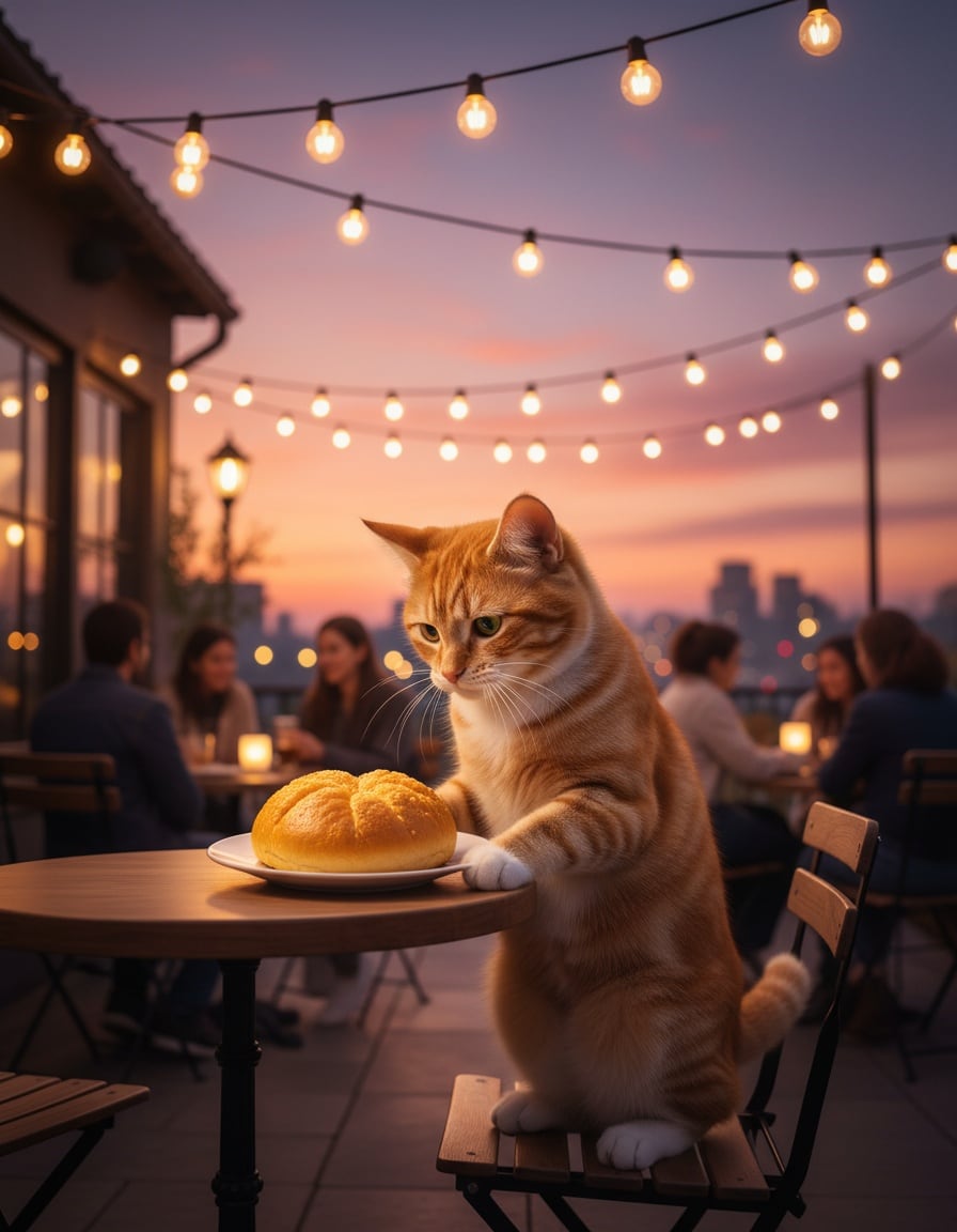 A ginger tabby cat bows at a café table at sunset, offering a golden corn bun.