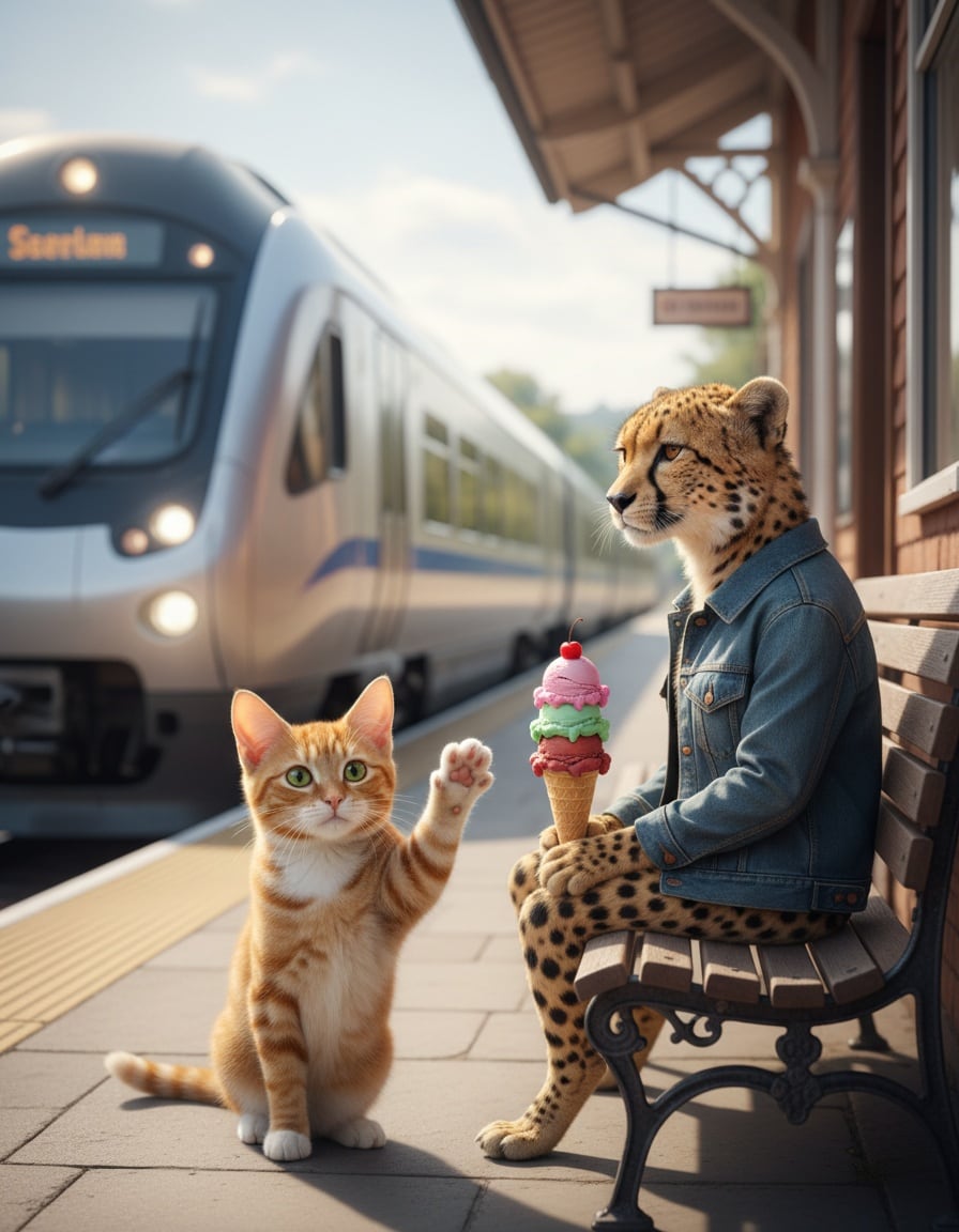 A ginger cat waves a paw at a cheetah balancing an ice cream cone on its knee at a train station.