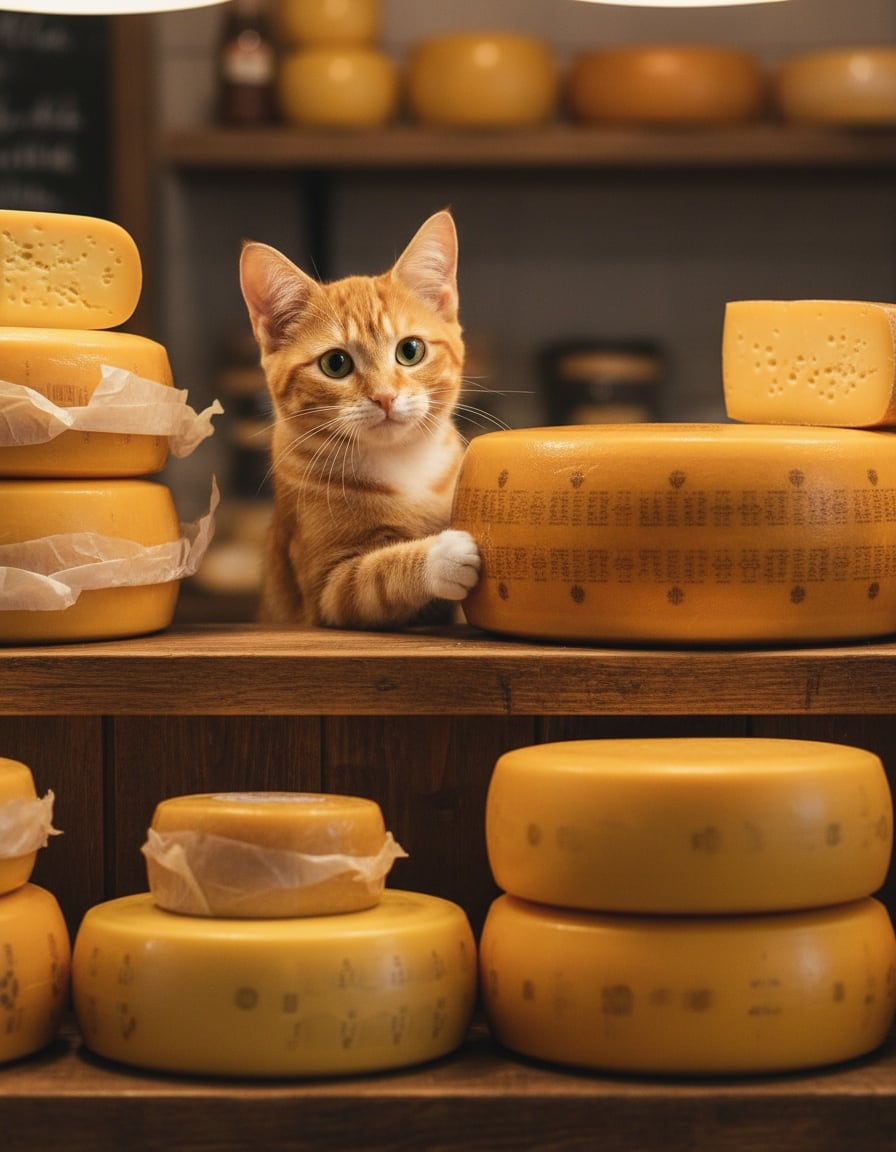A ginger tabby cat reaches longingly toward a giant wheel of cheese at a shop counter.