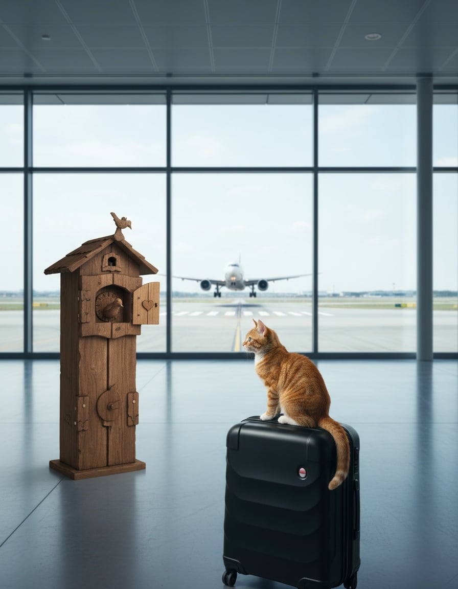A ginger cat on a suitcase watches a plane take off at an airport next to a cuckoo clock with its bird popping out.