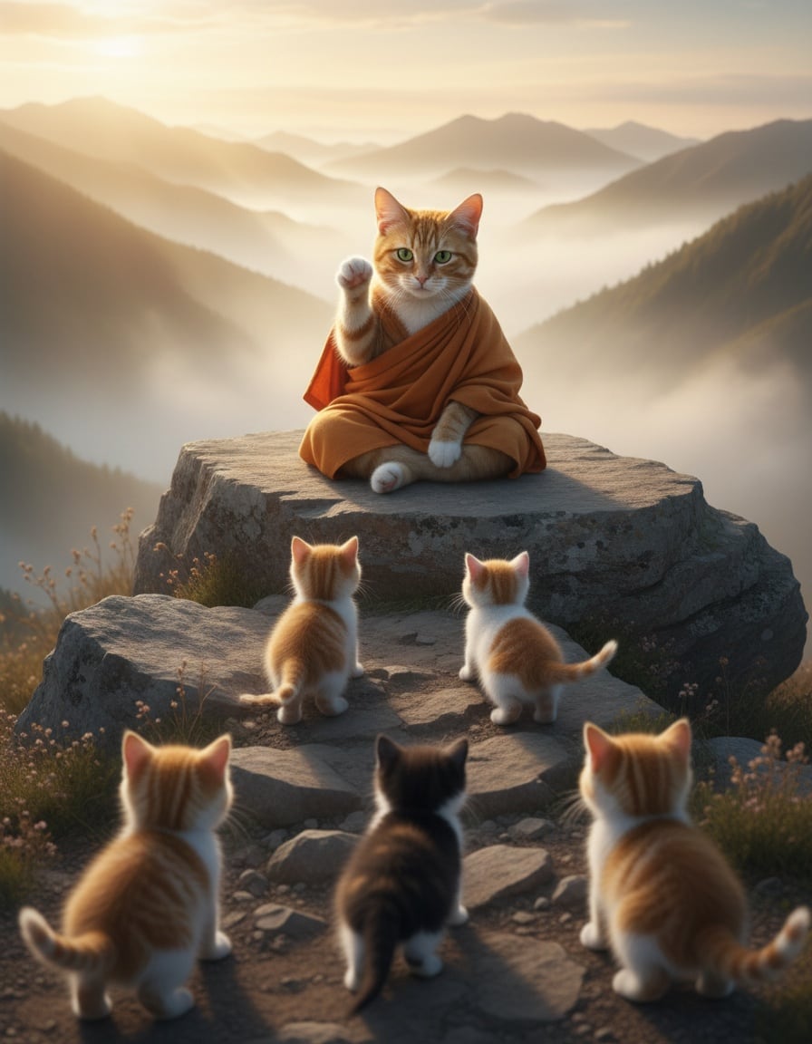 A ginger tabby cat dressed as a guru on a mountaintop beckons kittens to come up the path.