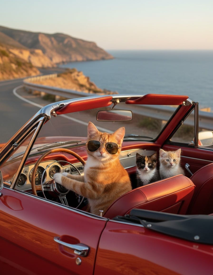 A ginger cat in sunglasses drives a red convertible car with three kittens on a coastal road.