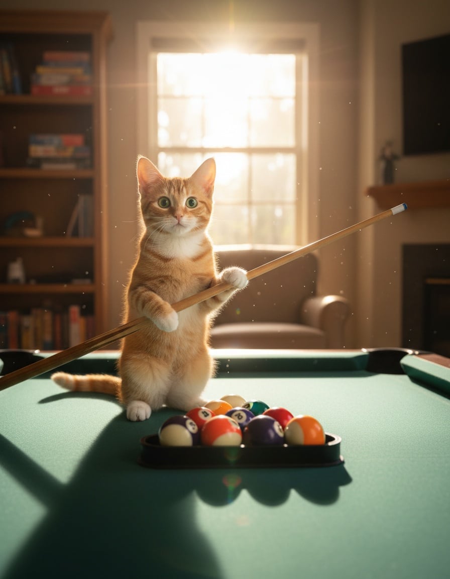 A surprised ginger cat holds a pool cue beside a pool table in a sunny game room.