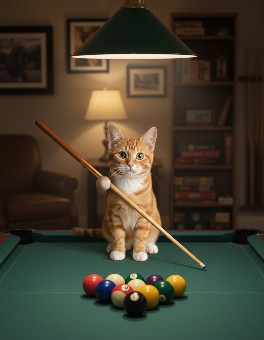 A ginger tabby cat holds a pool cue beside nine plain balls on a green pool table.