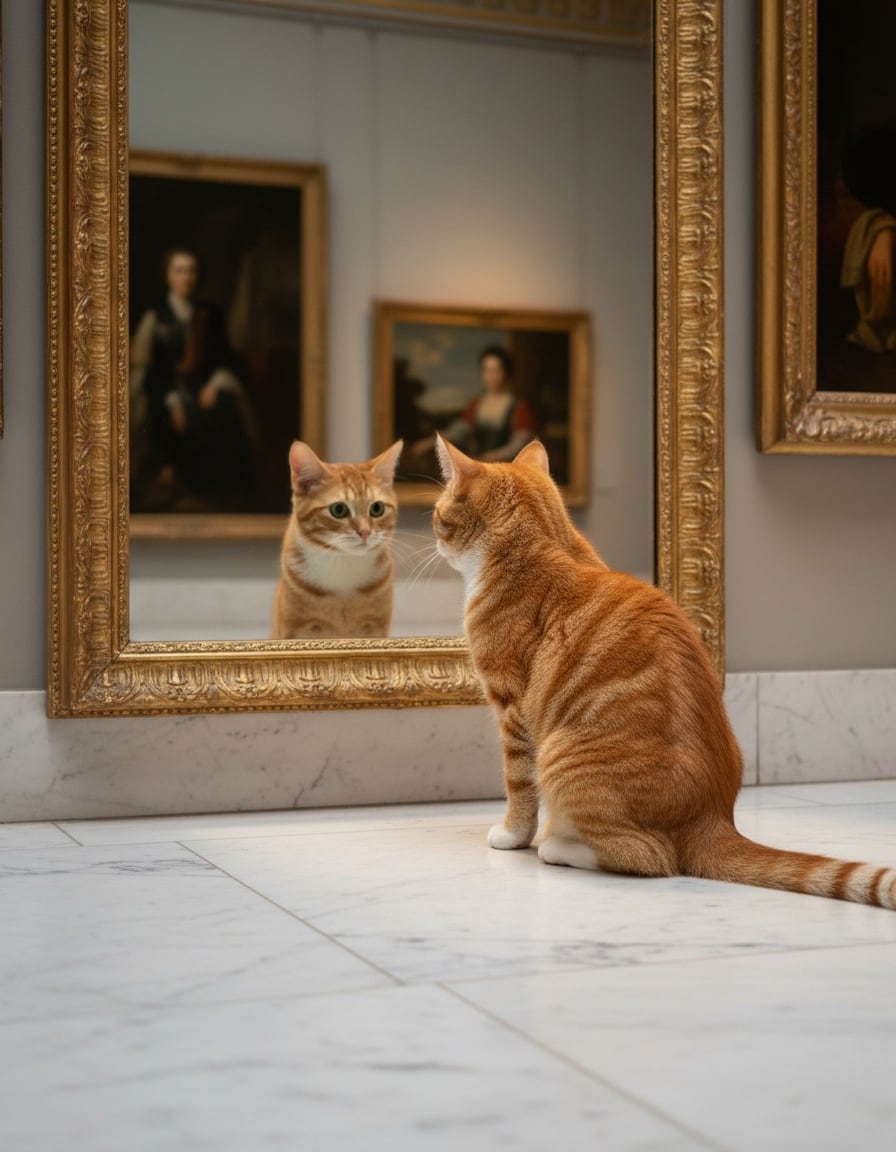 A ginger tabby cat gazes at its reflection in a large golden mirror in a museum hall.