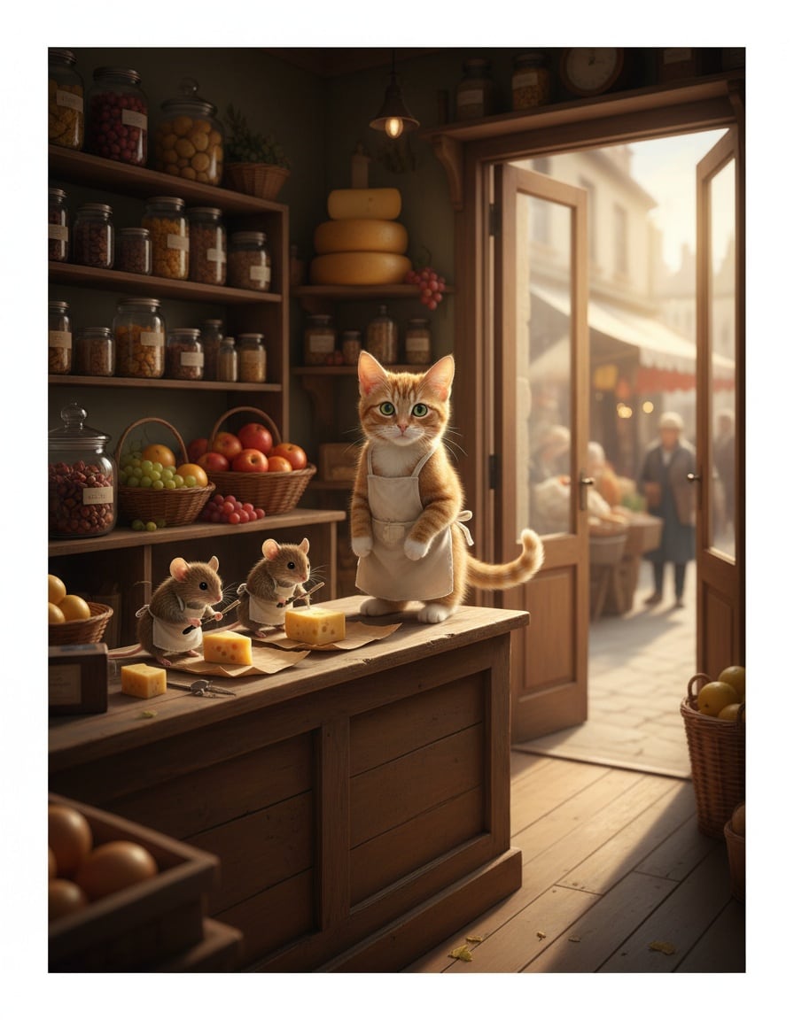 A ginger tabby cat in an apron runs a small shop counter with two mice wrapping cheese for sale.