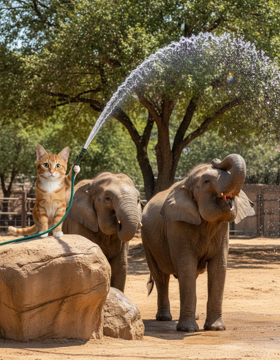 A ginger cat sprays water from a hose over two happy elephants in a zoo.