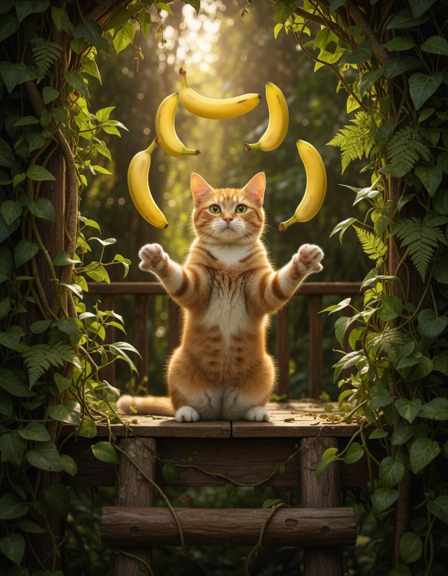 A ginger tabby cat in a jungle treehouse juggles seven yellow bananas in the air.