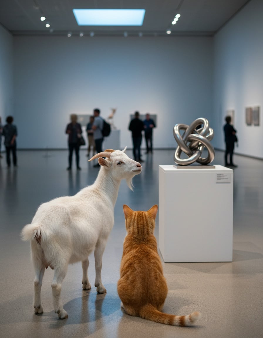 A ginger tabby cat and a goat tilt their heads in confusion at an odd sculpture in a museum.