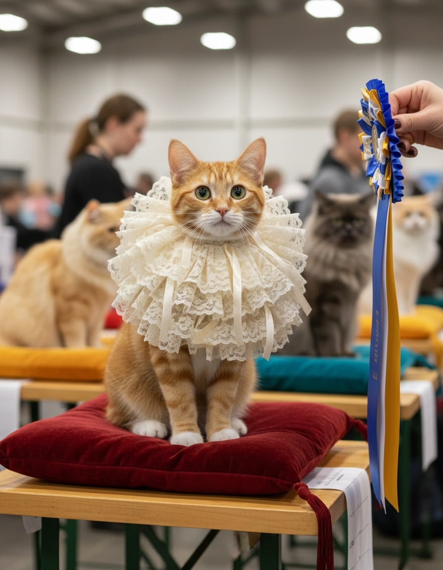 A ginger tabby cat at a cat show stretches her neck tall to display a big frilly collar.