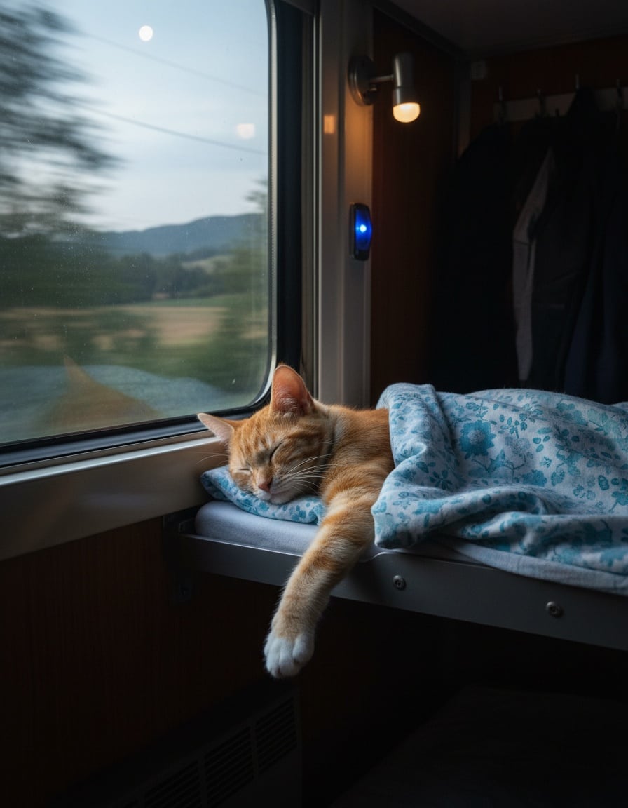 A ginger tabby cat sleeps on a very narrow bunk in a train compartment at night.