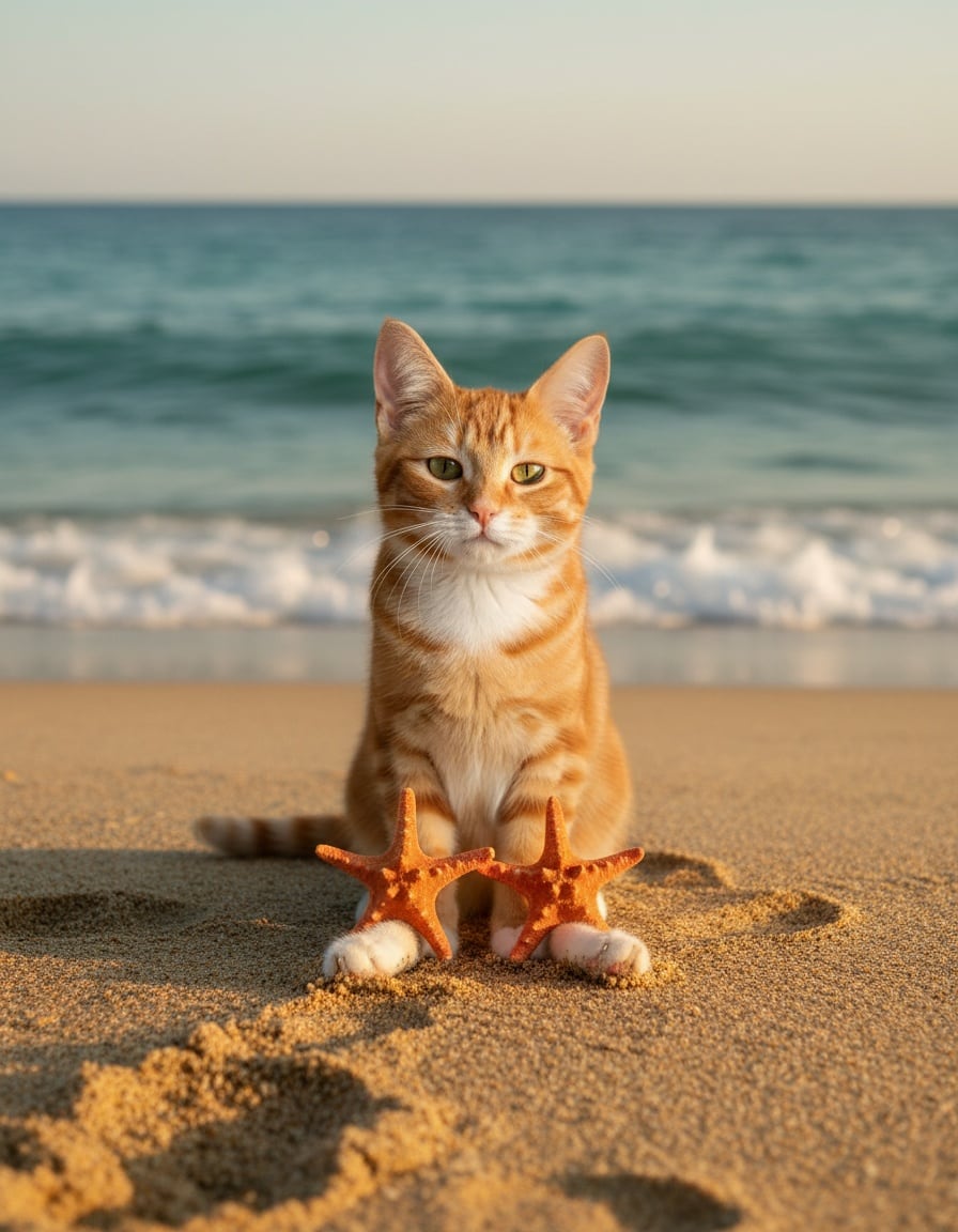 A ginger tabby cat on a beach with two starfish, one balanced on each knee.