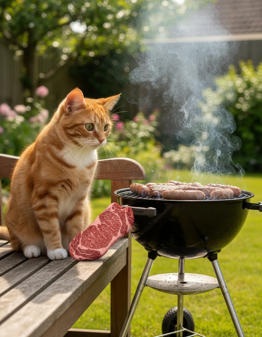 A ginger tabby cat in a backyard balances a big steak on its knee next to a barbecue grill.