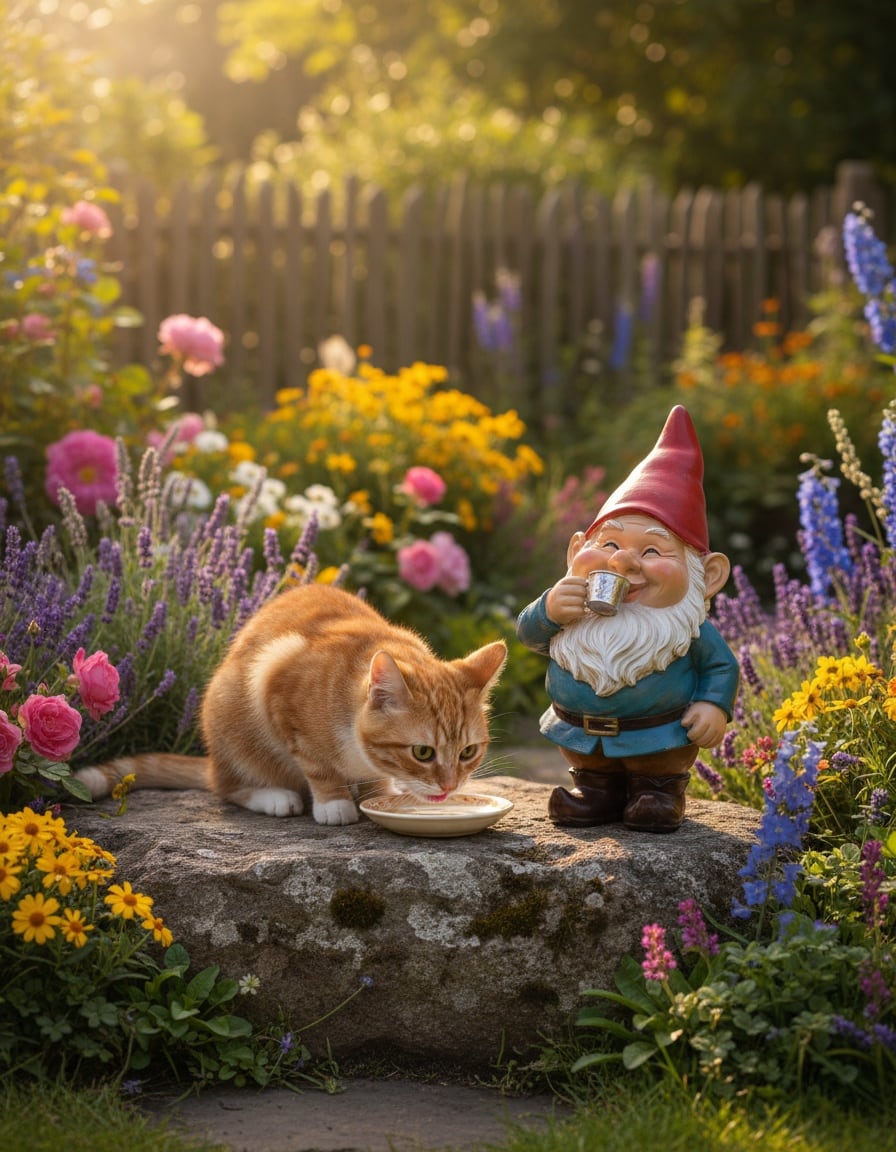 A ginger tabby cat drinks from a saucer next to a garden gnome sipping from a tiny cup.