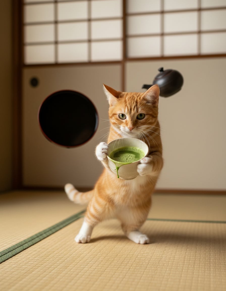 A ginger tabby cat catches a falling cup of green tea in mid-air in a Japanese tea room.