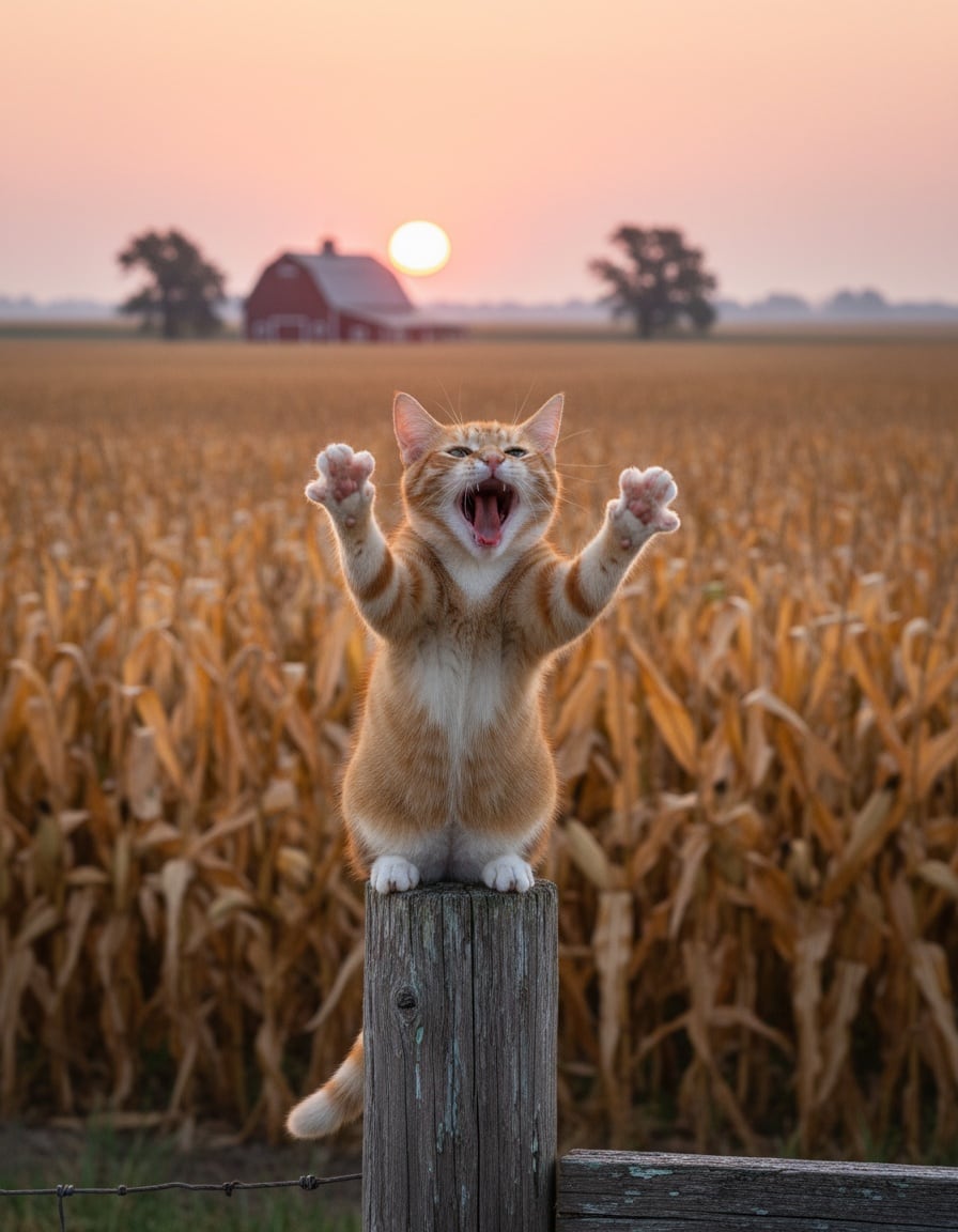 A ginger cat stretches on a fence post at sunrise over a cornfield.