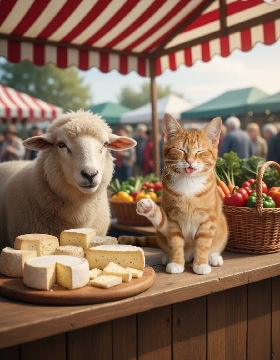 A ginger tabby cat blissfully tastes cheese at a market stall while a proud sheep looks on.