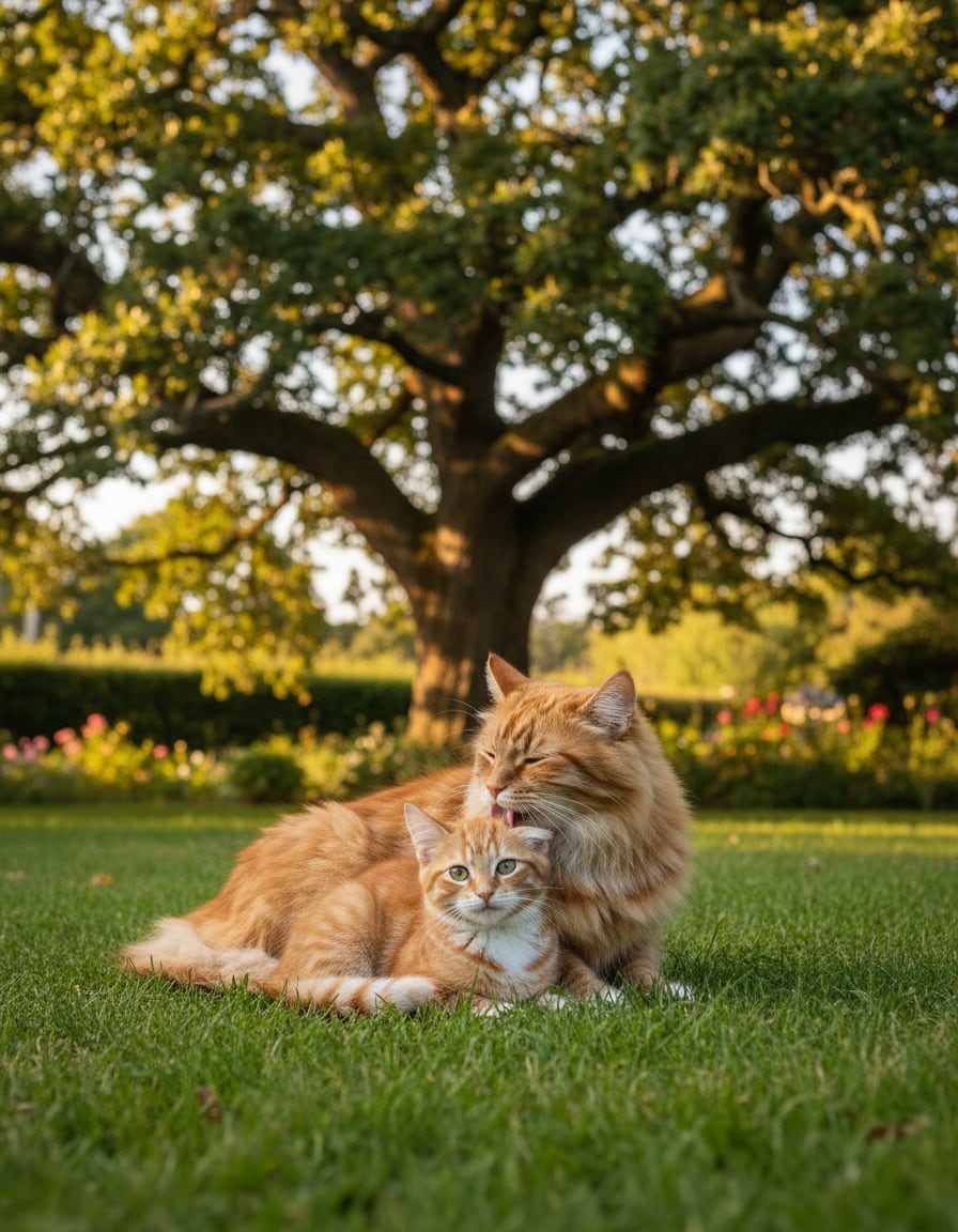 A ginger tabby cat snuggles with her mother cat under a large oak tree in the sun.