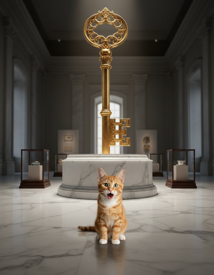A ginger cat stares up in awe at a giant golden key in a museum hall.