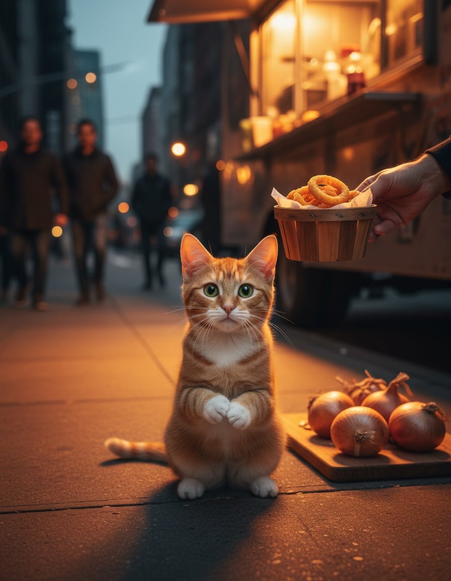 A ginger cat sits up begging with paws together below a food truck window where a hand holds onion rings.