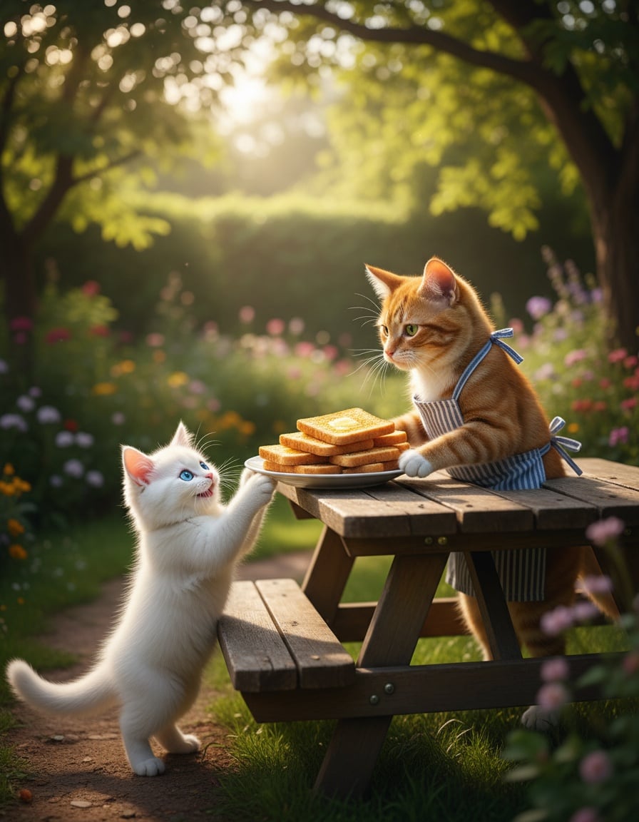 A big ginger father cat in an apron hands a plate of toast to a smaller ginger cat in a garden.