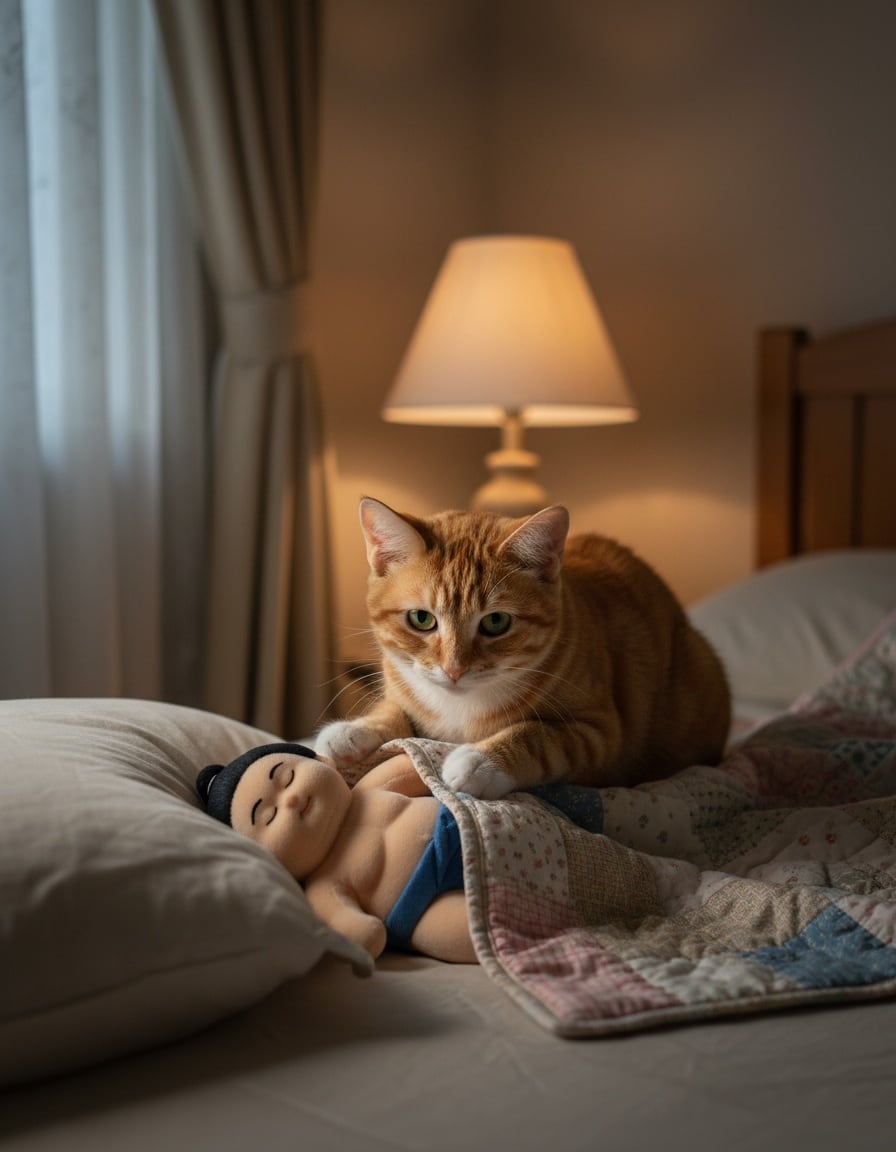 A ginger cat tucks a plush sumo wrestler toy into bed in a dim, cosy bedroom at night.