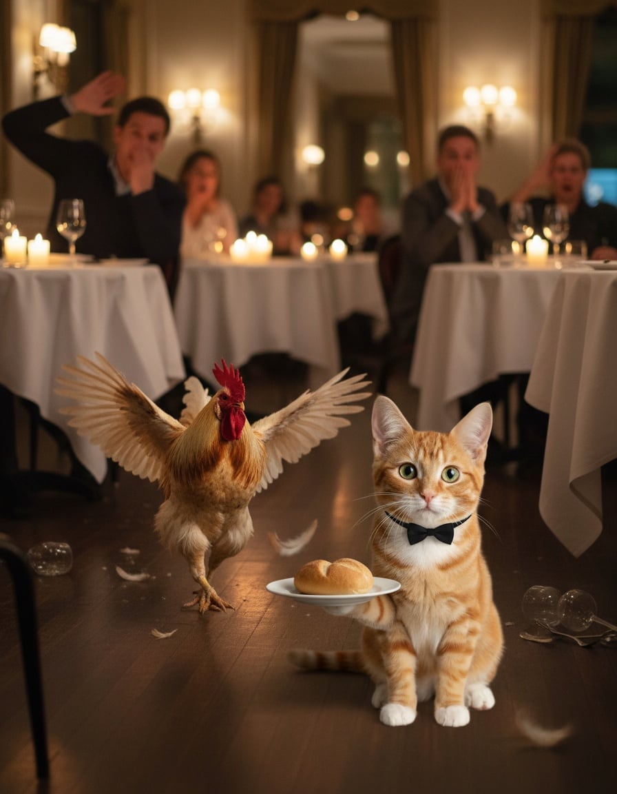 A ginger cat in a bow tie chases a rooster between tables in a fancy restaurant.