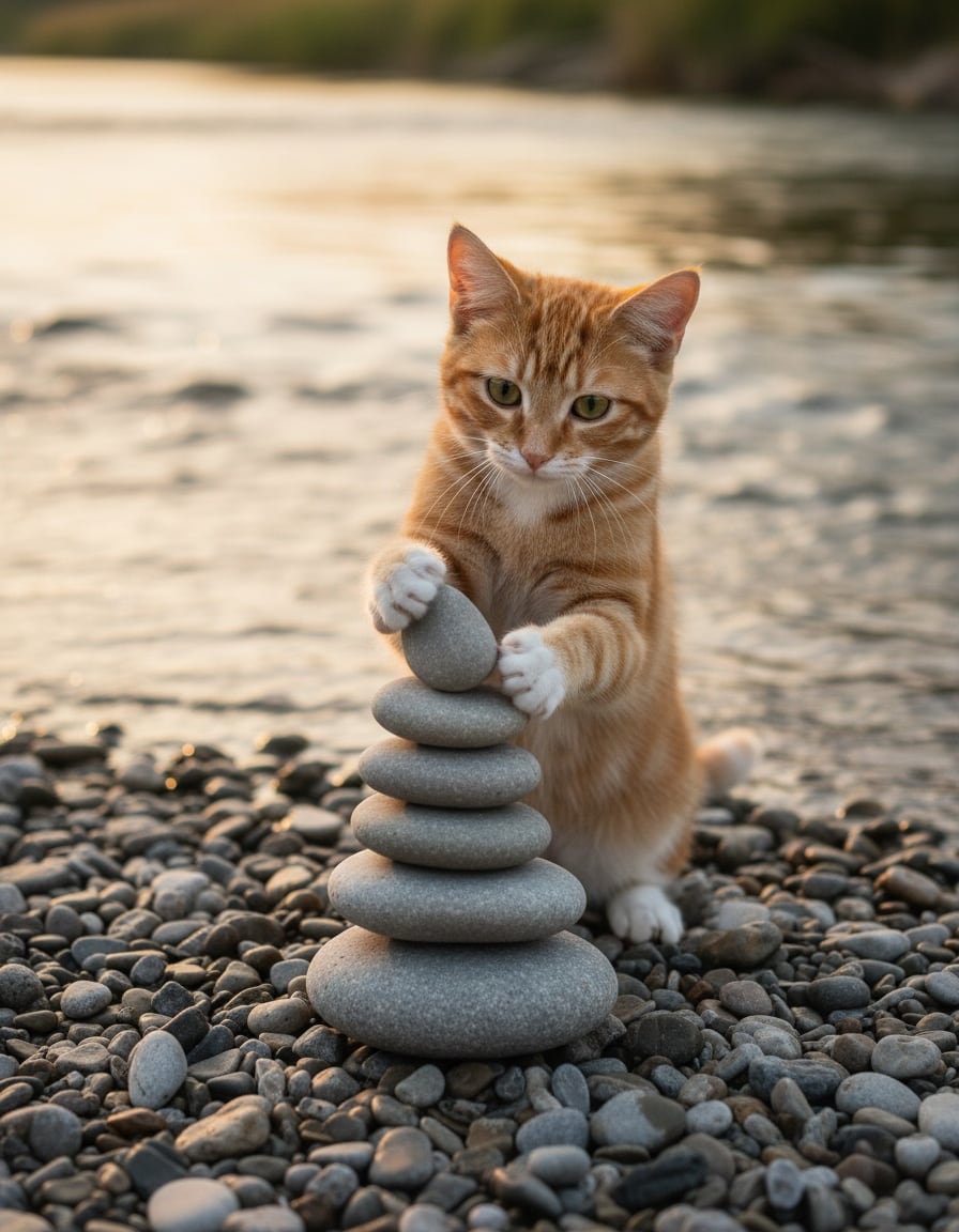 A ginger cat stacks six round rocks into a tower beside a river.
