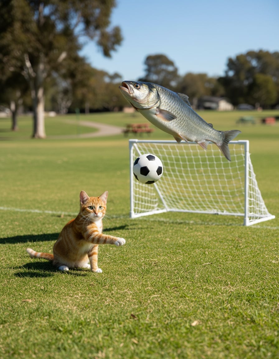 A ginger tabby cat kicks a soccer ball at a goal where a big silver fish leaps to save it.