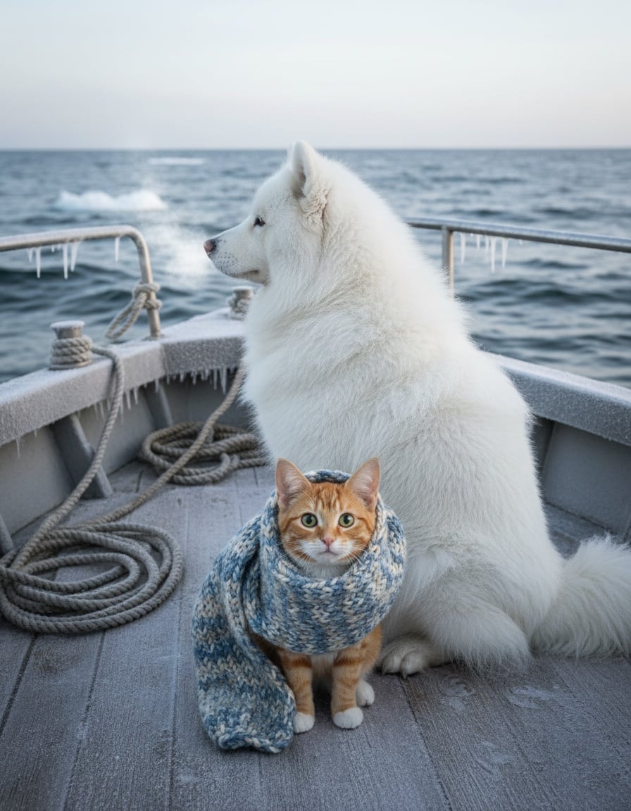 A shivering ginger tabby cat in a scarf cuddles a fluffy white Samoyed dog on an icy boat deck.