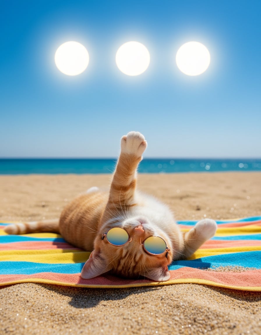 A ginger cat in sunglasses on a beach points at three suns in the sky.