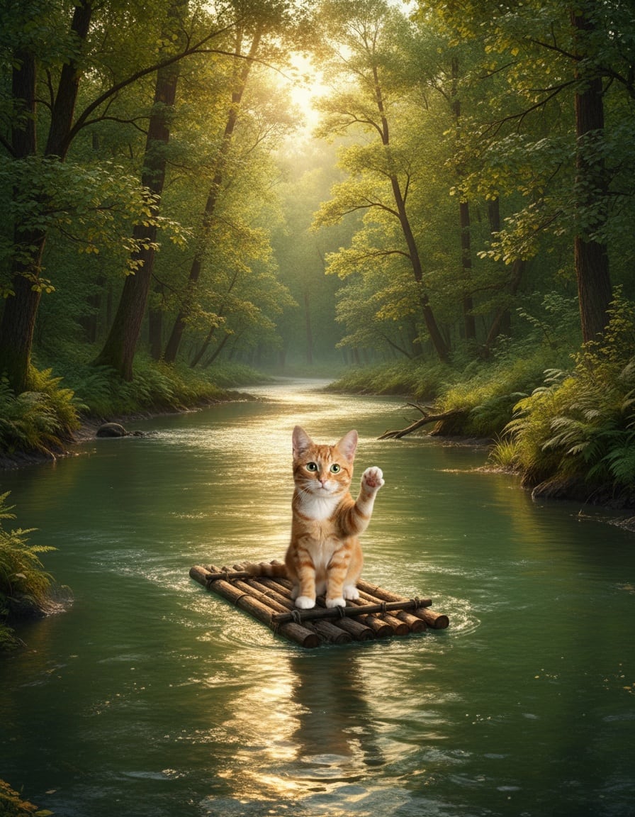 A ginger tabby cat on a small wooden raft drifts down a river, waving a paw.