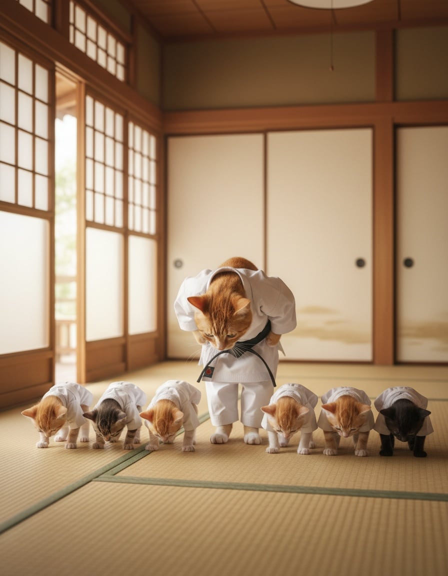A ginger tabby cat in a karate uniform bows as the teacher in front of a row of kittens.