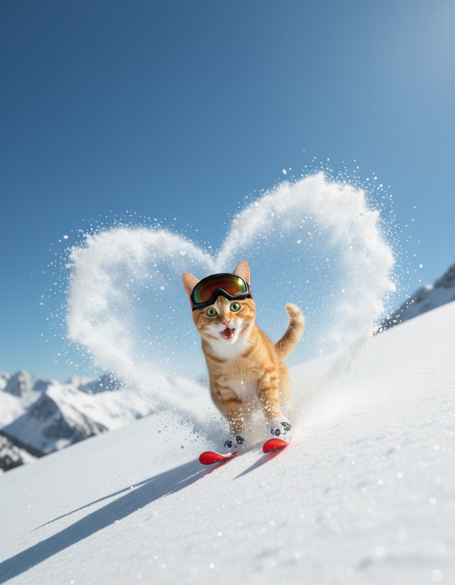 A happy ginger tabby cat skis down a snowy mountain with a heart-shaped puff of snow behind her.