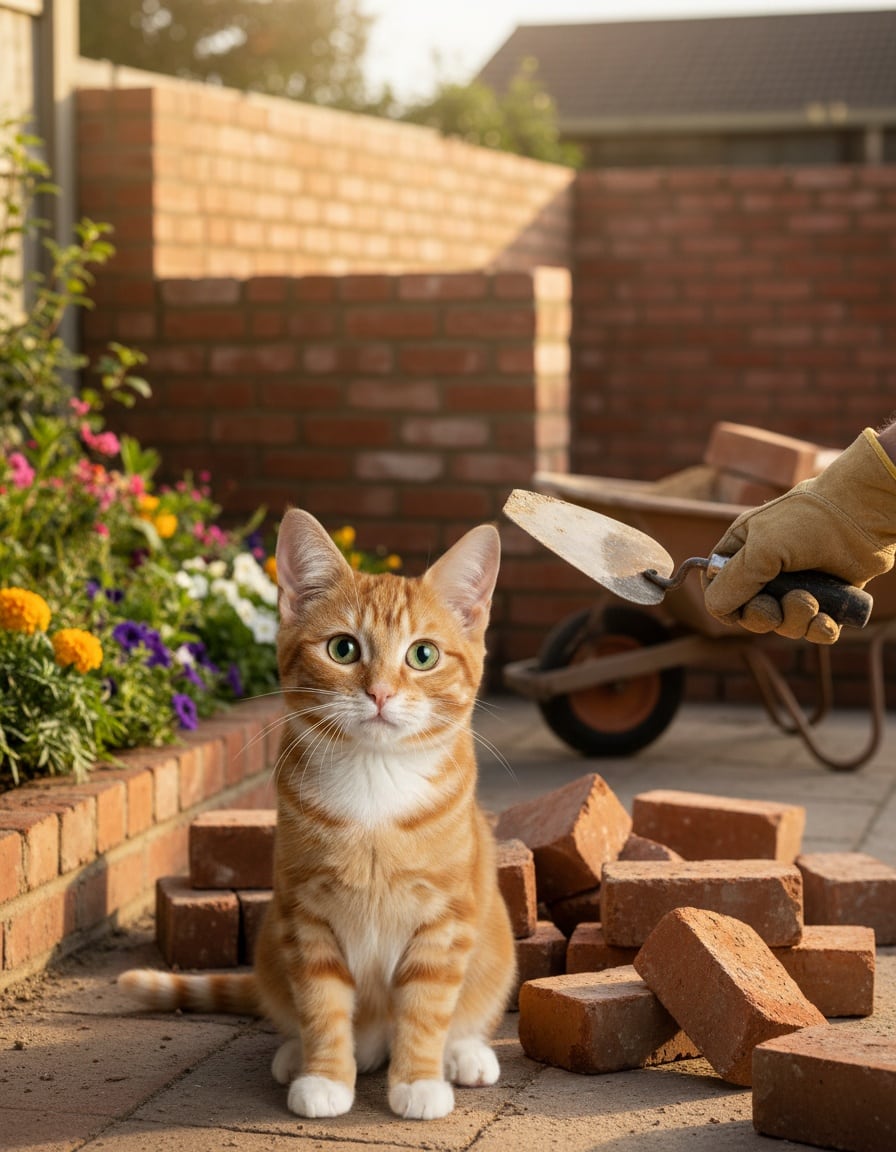 A ginger cat looks apologetic next to a toppled pile of bricks while a gloved hand holds a trowel.